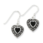 Sterling Silver Onyx Heart Marcasite Earrings